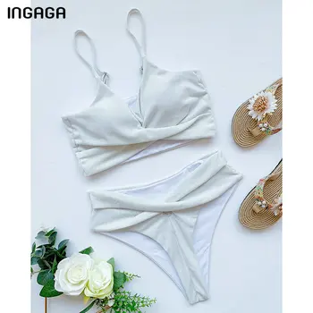 INGAGA Lesklé Bikiny Vysoký Pás dámske Plavky s Push Up Plavky Vystrihnúť Biquini plavky 2021 Nové Biele Bikini Set