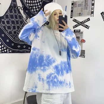 NYOOLO Vintage dizajn tie dye hip hop skateboard dlhý rukáv t-shirt ženy Harajuku streetwear voľné pulóver topy tee žena