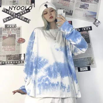 NYOOLO Vintage dizajn tie dye hip hop skateboard dlhý rukáv t-shirt ženy Harajuku streetwear voľné pulóver topy tee žena