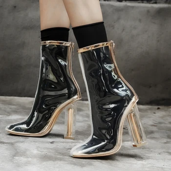 2018 New Horúce ženy, PVC, členkové topánky ukázal prst crystal päty transparentné ženy topánky jasné, vysoké podpätky letné topánky Rainboots