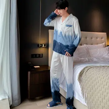 2021 Jarné dámske Pyžamo Nastaviť Luxus, Štýl Módne Gradient Modrá Sleepwear Hodváb Ako Pár Domov Šaty, Odev pre Mužov