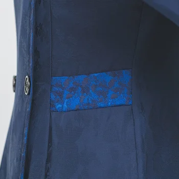VOA Hodváb 38m/m Ťažké, Hlboké Modré Vzor Výplň Koláž Klope Double-Breasted Ostrý Vešať Prijímanie Záhybov King-Size Kabát F527