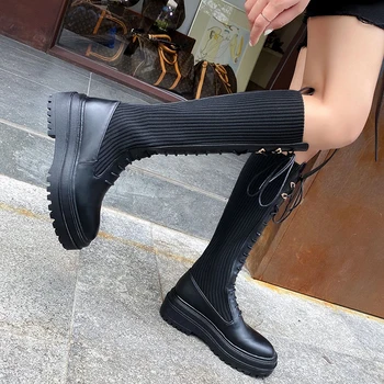 Ženy koleno-vysoké topánky prírodná koža+flyknik Boot trubice Európskych a Amerických žien, topánky dlho botičky online celebrity