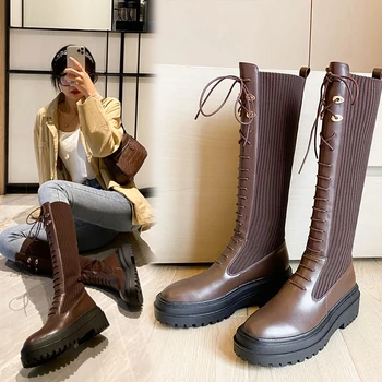 Ženy koleno-vysoké topánky prírodná koža+flyknik Boot trubice Európskych a Amerických žien, topánky dlho botičky online celebrity