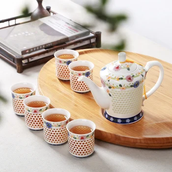 Čínsky modré a biele porcelánové skvelého čaju nastaviť honeycomb duté ručne vyrezávané plavidlá, keramické kungfu čaj nastaviť čajové misky kanvica pohár