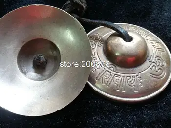 TBC972 Tibetskej mosadz Staré Zlaté budhistických zvončekov pár,70 mm,Tibetský kovové OM MANI PADME HUM antiqued Činely