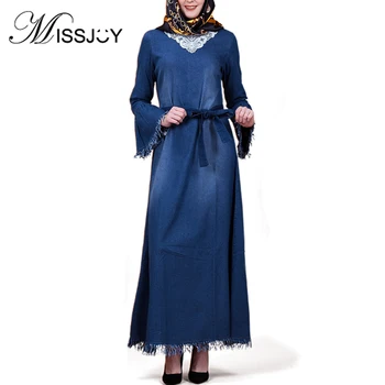 MISSJOY Arabskom Džínsové Šaty Abayas Perličiek turecký Maxi Šaty Marocký Kaftan Elegantné vestido džínsy Vestido Tradicional Musulman