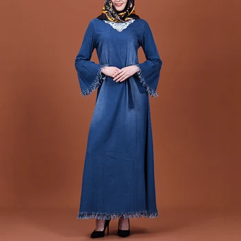 MISSJOY Arabskom Džínsové Šaty Abayas Perličiek turecký Maxi Šaty Marocký Kaftan Elegantné vestido džínsy Vestido Tradicional Musulman