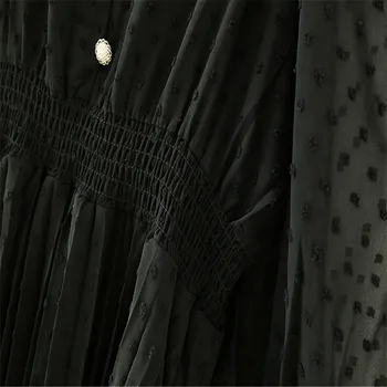 2020 Za Skladaný Tylu Šaty Žien Dlhý Rukáv Elegantné Dot Čierne Mini Šaty Jewel Tlačidlo Elastický Pás, S Podšívkou Oka Party Šaty