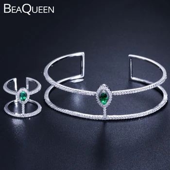 BeaQueen Dvojitý oválny Tvar Šperky Sady Zelená Marquise Micro Pave Cubic Zirconia Putá Prst Prsteň Náramok Sada pre Ženy JS189