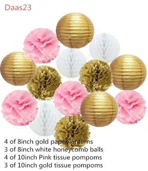 14PCS Zmiešané Ružové Zlato Biele Papierové Lucerny Honeycomb Loptu Tkaniva Pom Pom Kvet Svadby, Narodeniny Dievča, Škôlky, Závesné Dekorácie