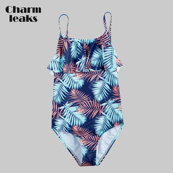 Charmleaks Dievčenské Jednodielne Plavky Leaf Tlač Plavky Prehrabať Deti Bikini Nastaviteľný Popruh Pláž Nosiť