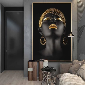 Africké Čierne Žena so Zlatými Headdress Plátno Umenie Plagáty A Vytlačí Black Dievčatá Plátno Obrazy Na Stenu Umenie Fotografie