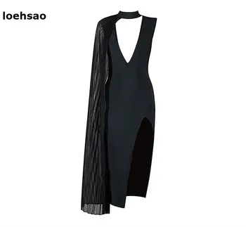 2017 Nový príchod ženy obväz šaty čierne sexy hlboké V-neck cape večer klubu strany letné šaty bodycon vestido