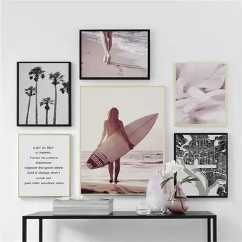 Dievča Surfovať More, Kokosové Mapu Citát Na Šírku Steny Umelecké Plátno Na Maľovanie Nordic Plagáty A Potlačou Obrazov Na Stenu Pre Obývacia Izba Dekor