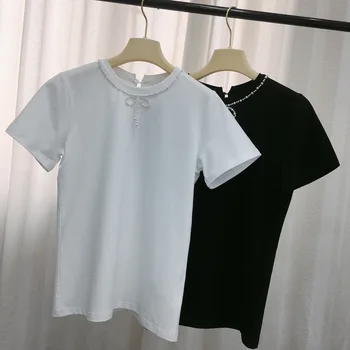 Nové Módne značky Perlový Náhrdelník lištovanie luk dekorácie biele tričko 2020 nový začiatok leta Ženy