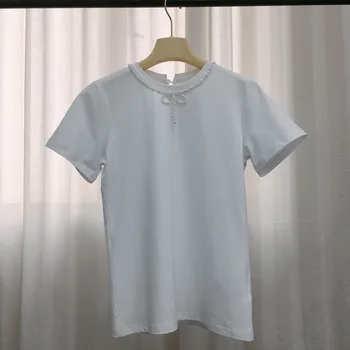 Nové Módne značky Perlový Náhrdelník lištovanie luk dekorácie biele tričko 2020 nový začiatok leta Ženy