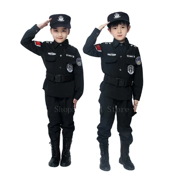 Deti Policajnej Uniforme Chlapci Policajti Cosplay Costuems Black Špeciálne Armády Vojenskú Uniformu Halloween Výkon Oblečenie Set Sa