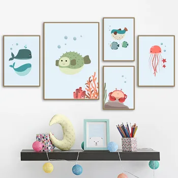 Cartoon Alfanumerický Tabuľka Octopus Medúzy Wall Art Plátno Na Maľovanie Nordic Plagáty A Vytlačí Na Stenu Obrázky Detská Izba Decor