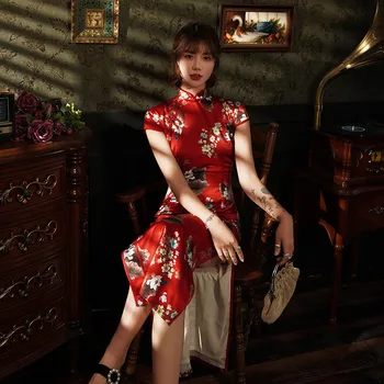 Sheng Coco Ženy Červeného Hodvábu Cheongsam Qipao 2020 Letné Nový Príchod Elegantné Moden Dlho Kvetinové Šaty Cetim