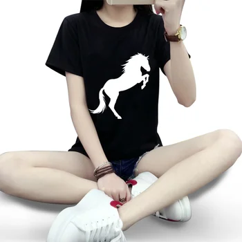 Pony Vytlačené Sequin T-shirts Ženy 2019 Krátky Rukáv čierny Pulóver Topy Dámske O-krku Voľné Bežné Tees Žena