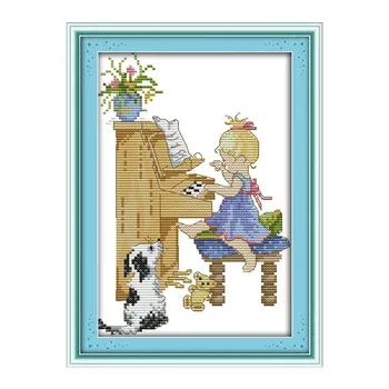 Dievčatko hrať na klavír cross stitch súpravu tlače plátno ručne šiť cross-šitie, vyšívanie HOBBY ručné vyšívanie