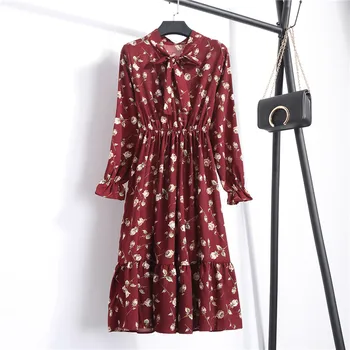 2021 Ženy Šaty Jar Dlhý Rukáv Office Polka Dot Vintage Šaty Bežné Červená Kvetinová Jeseň Tričko Šifón Midi Šaty Pre Dámy