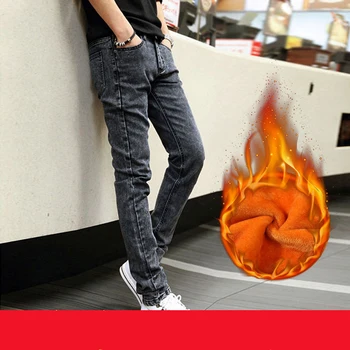 Denim jeans pánske plus velvet zahustiť tepelnej teplé mládež rovno teenager bežné dlhé nohavice Slim jeseň a v zime ceruzkou nohavice