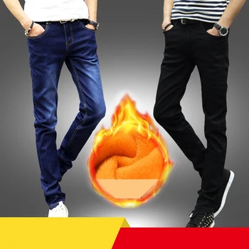 Denim jeans pánske plus velvet zahustiť tepelnej teplé mládež rovno teenager bežné dlhé nohavice Slim jeseň a v zime ceruzkou nohavice