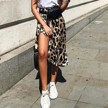 Dámske Sexy Leopard Vytlačené Sukne Nepravidelný Vidlica Split Obväz Večierok Volánikmi Sukne 2019 Elegantné Krátke Sexy Mini Sukne