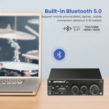 AIYIMA Bluetooth 5.0 výkonové Zosilňovače 160Wx2 TDA7498E Zvukový Zosilňovač Stereo Subwoofer Amp Výšok, Basov Nastavenie USB Prehrávač Hudby