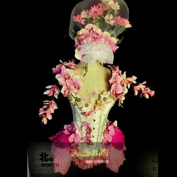 Kvety a vtáky ružový oblek Raj bar cosplay kostýmy Siamské spevák DJ hosťa Party stage show kostým