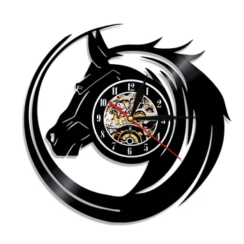 Čierny Kôň Nástenné hodiny Vyrobené Z Vinylových platní Moderný Dizajn Steny Domova Vintage Darčeky Pre Žijúcich Zvierat Milovník Koní
