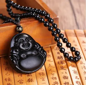 Unikátny Čierny Obsidián Vyrezávané Buddha Šťastie, Amulet Náhrdelník Prívesok Pre Ženy, Mužov Buddha Šakjamúni Náhrdelník Prívesky Kameň Šperky