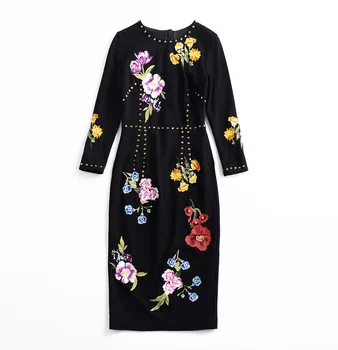 VEVEFHUANG 2020 Začiatku Jesene, Ženy, Nové Módne Kvetinové Šaty Výšivky Lištovanie Elegantné Luxusné Kvetinové Slim Čierne Šaty