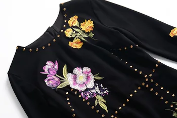 VEVEFHUANG 2020 Začiatku Jesene, Ženy, Nové Módne Kvetinové Šaty Výšivky Lištovanie Elegantné Luxusné Kvetinové Slim Čierne Šaty