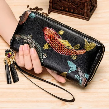 Originálne kožené kabelky ženy veľkú kapacitu dámske kožené peňaženky dlho hovädzie kože žena peňaženky dvojité zips spojka taška