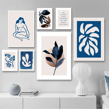Nordic Modrá Štýl Botanická Abstraktné Nahá Žena Jednoduché Plátno Maľovanie Umenia, Tlače, Plagát, Obraz Na Stenu Obývacia Izba, Spálňa Decor