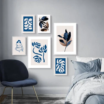 Nordic Modrá Štýl Botanická Abstraktné Nahá Žena Jednoduché Plátno Maľovanie Umenia, Tlače, Plagát, Obraz Na Stenu Obývacia Izba, Spálňa Decor