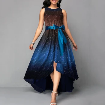 2020 Šaty Na Vôňu Leta Plus Veľkosť Ženy Hviezdne Nebo bez Rukávov Luk Belted Vysoký Pás Nepravidelný Maxi Party Šaty платье