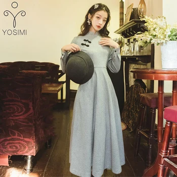 YOSIMI 2020 Jar Pletenie Bavlna Ženy Šaty, Elegantný Full Rukáv Šaty Cheongsam Žena Vestidos Fit a Svetlice Členok-Dĺžka