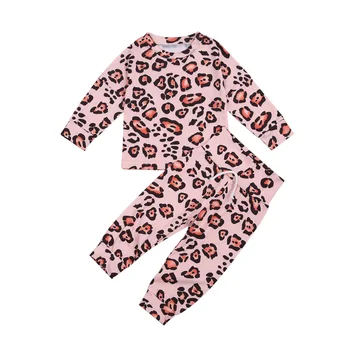 Detská Baby Dievčatá Chlapec dvojdielne Šaty Nastaviť Deti Leopard Tlačený Vzor Kolo Golier Top + Dlhé Nohavice Ružová/ Hnedá Jeseň