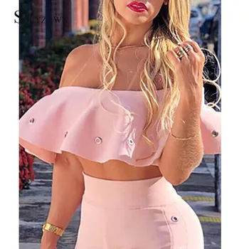 2 ks Sexy Ružová Mimo Ramenný Volánikmi Top + Bell-Bottom Bodycon Nohavice sú stanovené Dva Kus Ženy Obličkového Nohavice Plodín Topy Nastaviť Streetwear