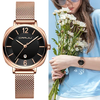 Ženy Hodinky CRRJU Top Značky Luxusné 2020 Módne Dátum Dámske náramkové hodinky z Nerezovej Ocele Rose Oka Popruh Žena Quartz Hodinky