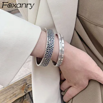 Foxanry 925 Sterling Silver Trendy Bangles & Náramok pre Ženy, Tvorivé Vinobranie Ručne anglický List Strany Šperky, Darčeky