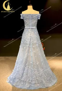 Rýn reálne Obrázky Sexy Sky Blue ramena Kvety Crystal vestido de noiva župan de soiree arabčina večerné šaty dlhé