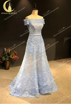 Rýn reálne Obrázky Sexy Sky Blue ramena Kvety Crystal vestido de noiva župan de soiree arabčina večerné šaty dlhé