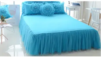 Modrá Čipky Kvet posteľná bielizeň Sady Kráľ, Kráľovná 4pcs Princezná Perinu Nastaviť Dievča Solid Farba Obliečky Posteľ Sukne obliečky na Vankúše Bavlna