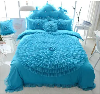 Modrá Čipky Kvet posteľná bielizeň Sady Kráľ, Kráľovná 4pcs Princezná Perinu Nastaviť Dievča Solid Farba Obliečky Posteľ Sukne obliečky na Vankúše Bavlna