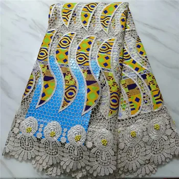 Africké čipky 2019 vysoko kvalitnej čipky guipure čipky textílie mix ankara nigérijský čipky tkaniny s korálkami 5yards
